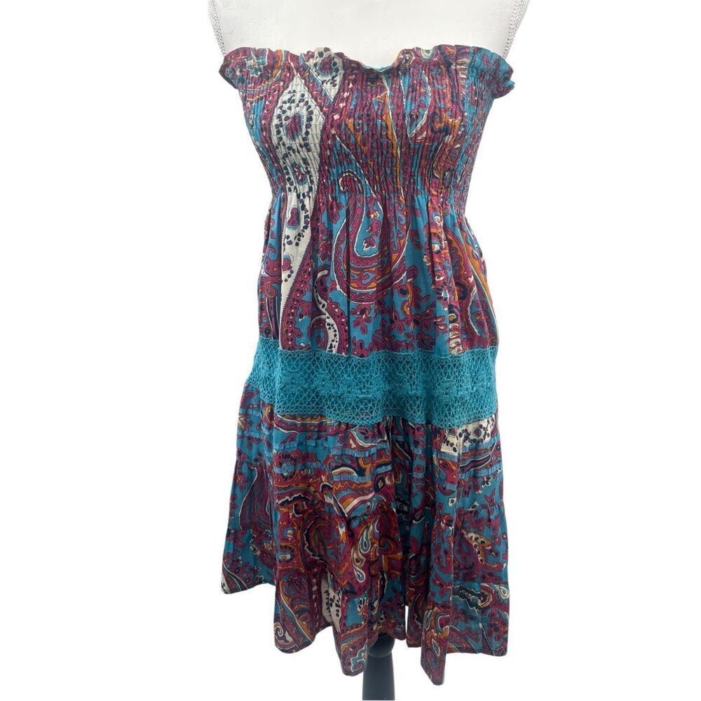 Paisley Strapless Smocked Cotton Dress with Crochet Trim – Size M she’s cool